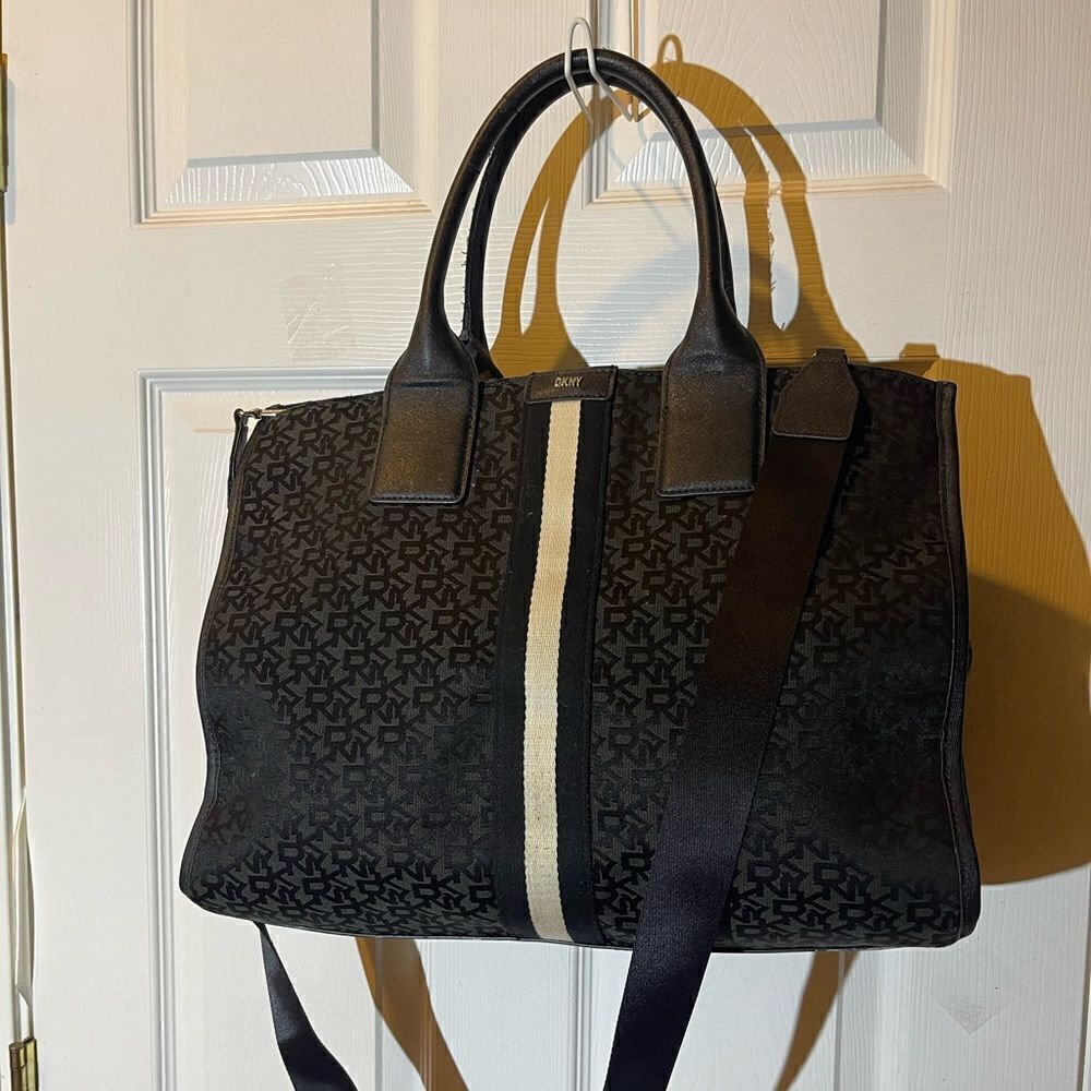 DKNY Carlita Large Black Fabric logo satchel with synthetic leather trim &straps